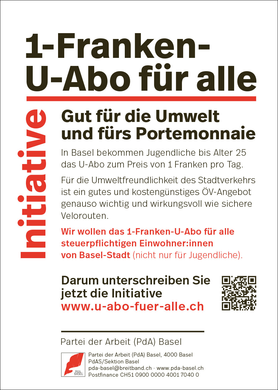 Plakat für die Initiative 1-Franken-U-Abo für alle der PdA Basel 2025